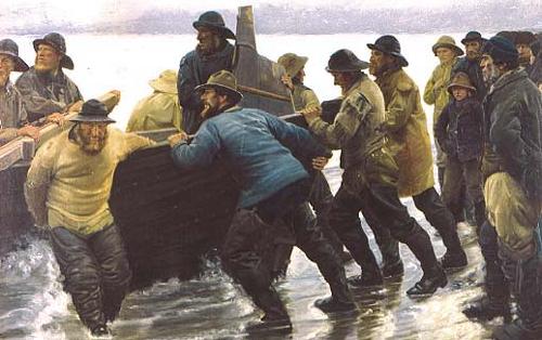 Michael Ancher Fishermen setting a rowing boat ashore